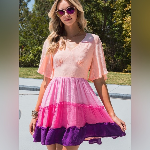 V-Neck Flutter Sleeve Color Block Dress - Picture 1 of 4
